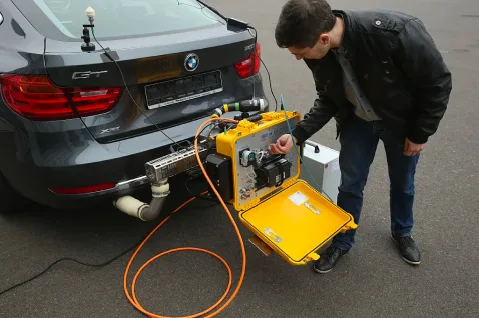 A person with a PEMS unit standing behind a BMW